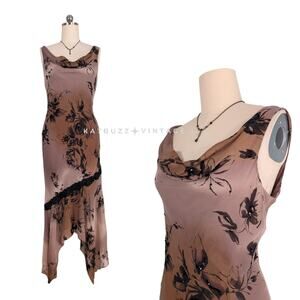Vintage Papell Silk Maxi Dress 14 Brown Black Fairy Grunge Y2K Floral Ombre Prom